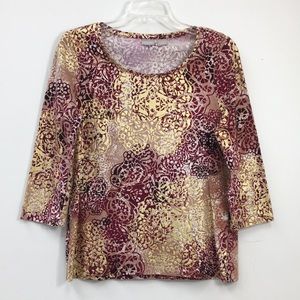 Chicos Women's 3/4 Length Sleeve Gold Burgundy Floral Shirt Size S EXCELLENT